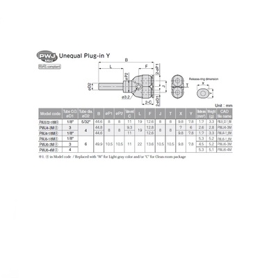PWJ4-3M PISCO MINI PLASTIC PUSH-IN FITTING 4MM PLUG-IN X 3MM TUBE "Y"