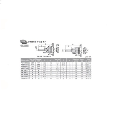 PWJ6-4 PISCO PLASTIC PUSH-IN FITTING 6MM PLUG-IN X 4MM TUBE "Y"