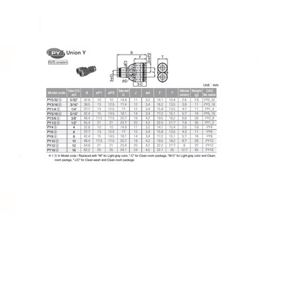 PYJ6 PISCO PLASTIC PUSH-IN FITTING 6MM PLUG-IN X 6MM TUBE "Y"