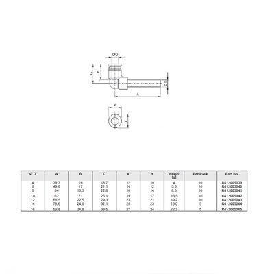 R412005039 NUMATICS/AVENTICS PLASTIC PUSH-IN FITTING 4MM TUBE X 4MM LONG PLUG-IN ELBOW (OVAL)
