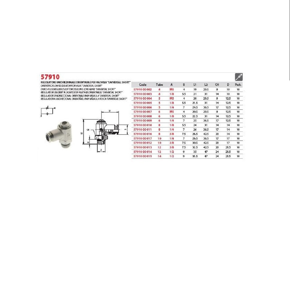 57910-6-1/4 AIGNEP NP BRASS FLOW CONTROL 6MM TUBE X 1/4" UNIV MALE METER IN, SCREW ADJ