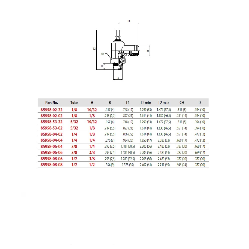 85958-53-32 AIGNEP FLOW CONTROL 5/32" TUBE X 10/32" UNF MALE METER OUT W/KNOB - DISCONTINUED