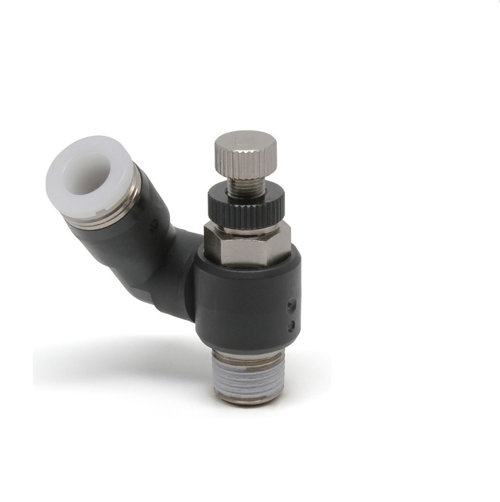 JSS6-01B PISCO PLASTIC FLOW CONTROL 6MM TUBE X 1/8" BSPT MALE 45 DEG METER IN, KNOB ADJ