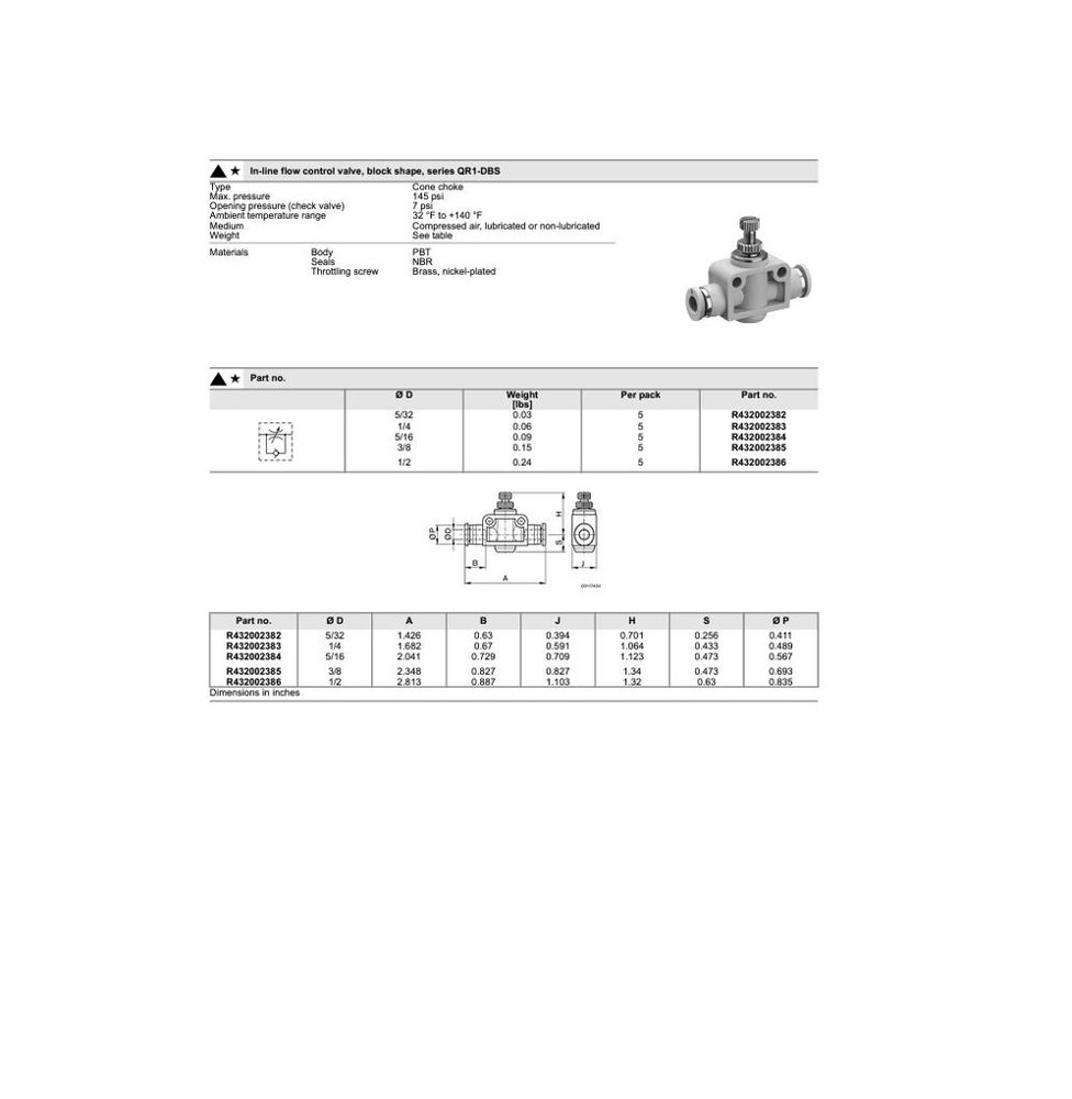 R432002386 NUMATICS/AVENTICS PLASTIC FLOW CONTROL 1/2" TUBE INLINE, KNOB ADJ (OVAL)