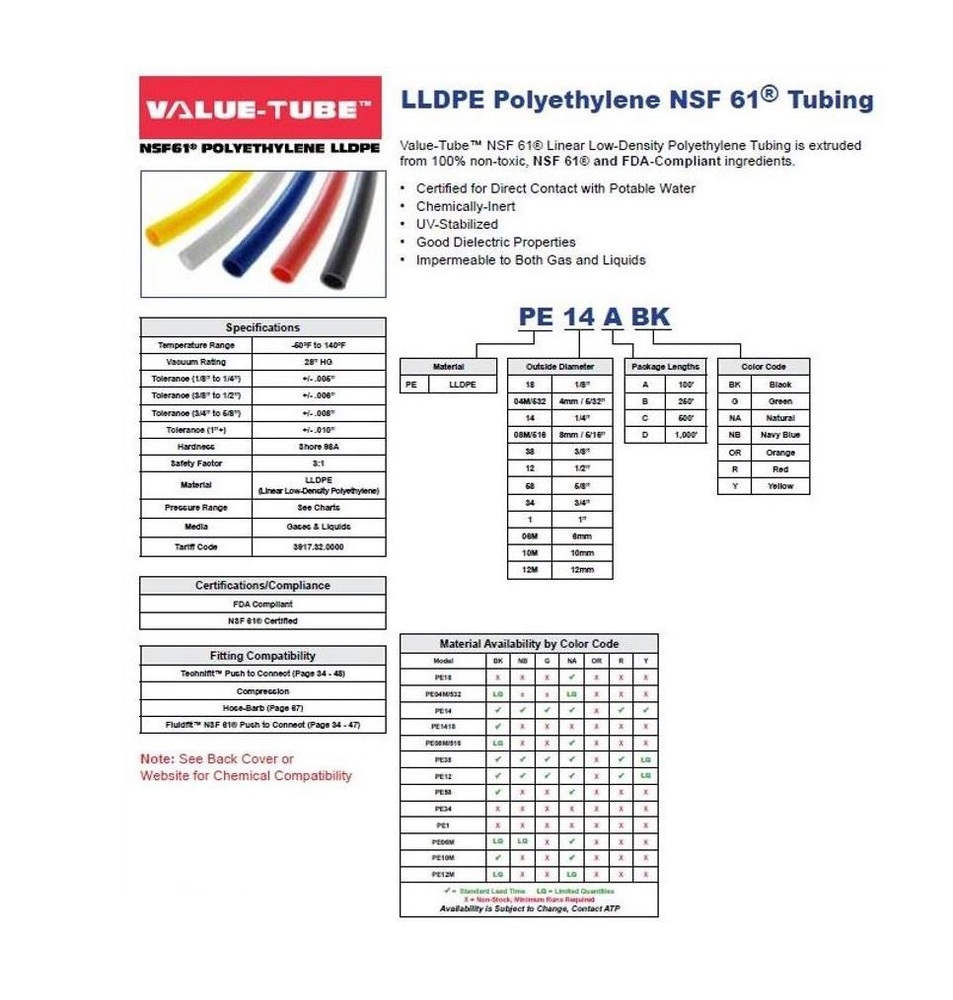 PE06MDBK ATP TUBING PE 6MM X 4MM 1000' BLACK