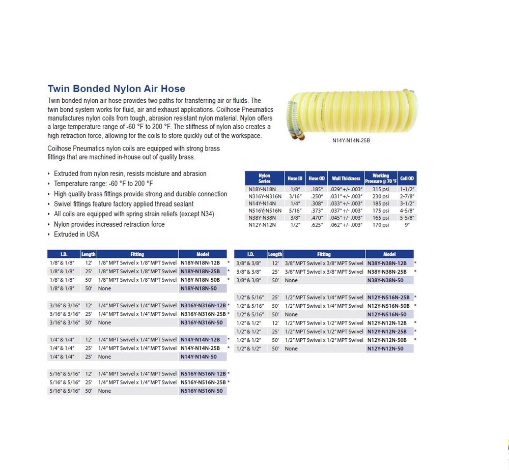N516Y-N516N-25B COILHOSE COIL NYLON 2 TUBES 516" ID 16' WL YELLOW/NATURAL W/1/4" FITTINGS