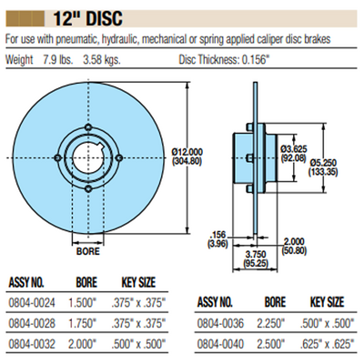 08040036 TOLOMATIC FIXED HUB DISC ASSEMBLY, 12" DISC DIAMETER, 2.25" BORE, 0.156" THICKNESS