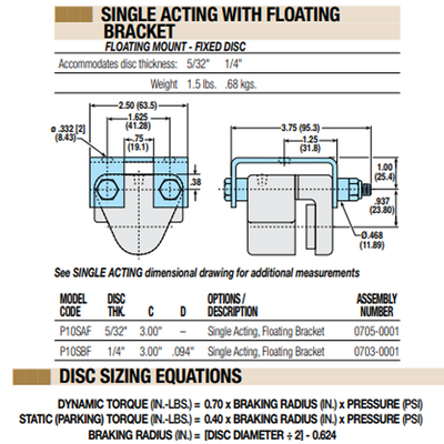 07030000 TOLOMATIC PNEUMATIC CALIPER BRAKE, SINGLE ACTING, FLOATING MOUNT - FIXED DISC , 1/4" THICK (P10SBF)
