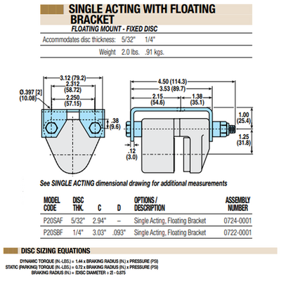 07220001 TOLOMATIC PNEUMATIC CALIPER BRAKE, SINGLE ACTING, FLOATING MOUNT - FIXED DISC, 1/4" THICK (P20SBF)