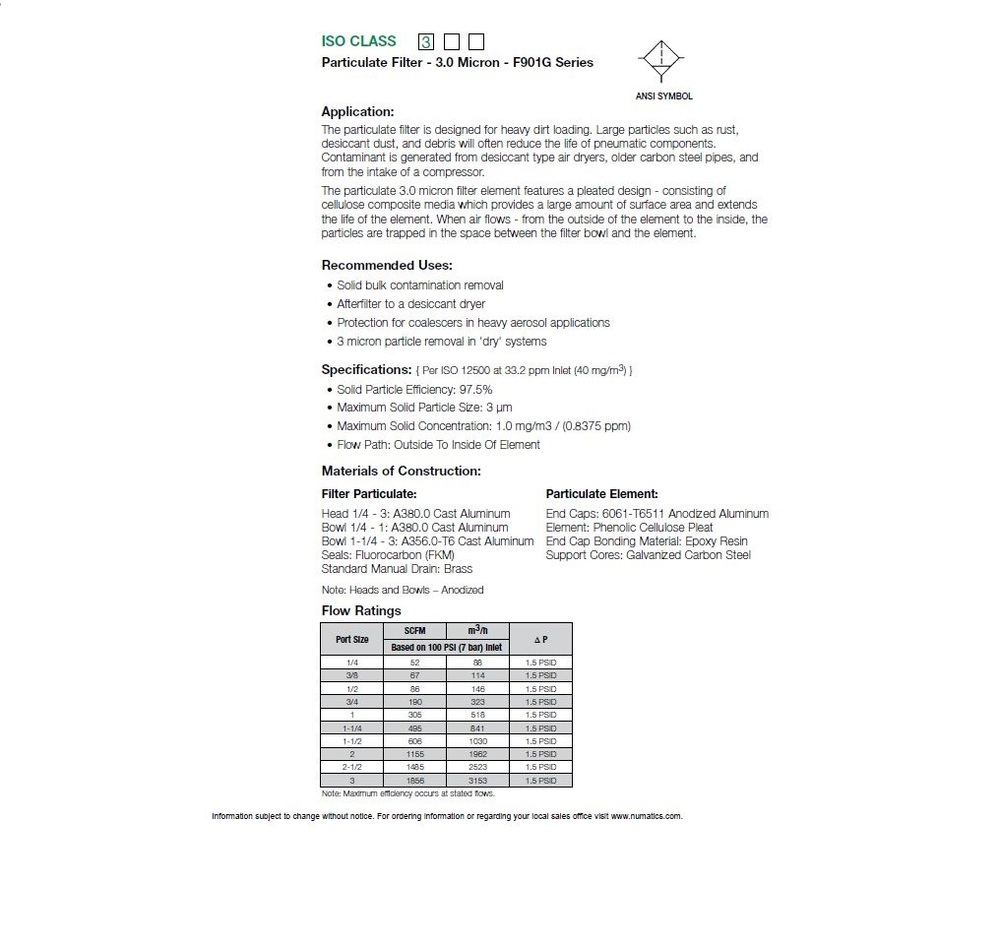 F901G-04AGZ NUMATICS/AVENTICS HIGH FLOW PARTICULATE FILTER 901 SERIES 1/2" NPT, 3MIC, AD, DP