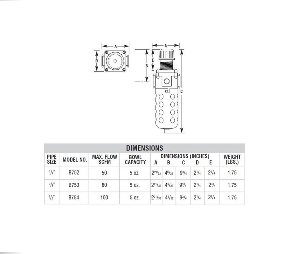 B754T ARROW FILTER/REGULATOR 1/2" NPT, 40MIC, T HANDLE