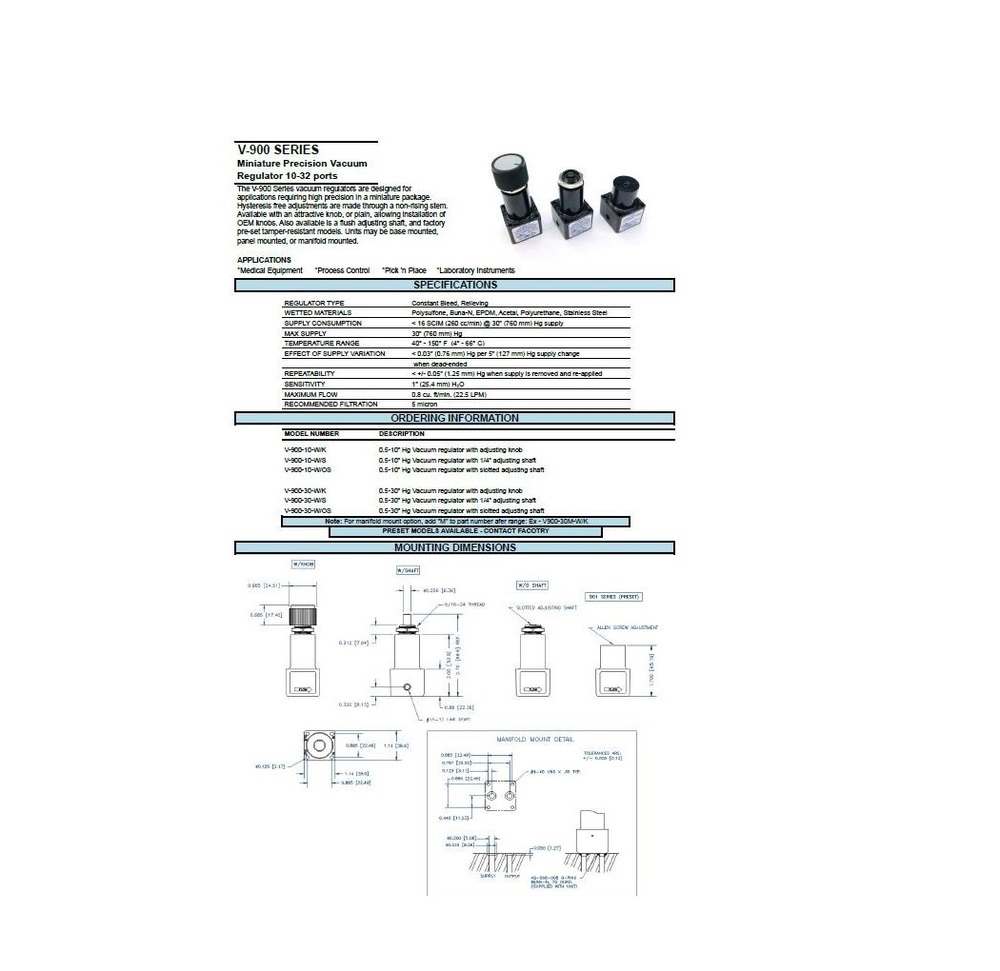 V-910-30-MM-W/OS AIRTROL PRECISION VACUUM REGULATOR 0-30" HG ADJ. SHAFT