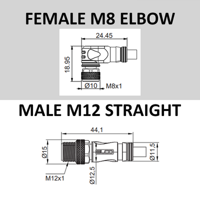 ECS-2CBO8.3-1.22/1.22/P Y-SPLITTER STRAIGHT M12 MALE 4 PINS X (2) ELBOW M8 FEMALE 3 PINS, 1 METER BLACK PUR, 24 AWG