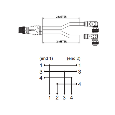 ECS-2CBO12.4-2.32/2.32/P Y-SPLITTER STRAIGHT M12 MALE 4 PINS X (2) ELBOW M12 FEMALE 4 PINS, 2 METER BLACK PUR, 22 AWG