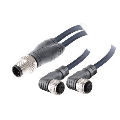 ECS-2CBO12.4-1.32/1.32/P Y-SPLITTER STRAIGHT M12 MALE 4 PINS X (2) ELBOW M12 FEMALE 4 PINS, 1 METER BLACK PUR, 22 AWG
