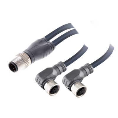 ECS-2CBO8.3-1.22/1.22/P Y-SPLITTER STRAIGHT M12 MALE 4 PINS X (2) ELBOW M8 FEMALE 3 PINS, 1 METER BLACK PUR, 24 AWG