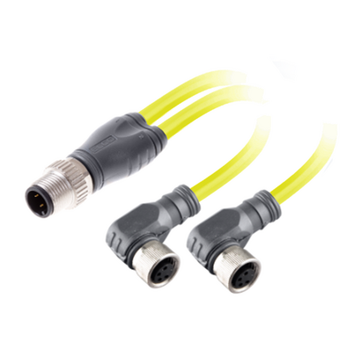 ECS-2CBO8.3-5.23/5.23/P Y-SPLITTER STRAIGHT M12 MALE 4 PINS X (2) ELBOW M8 FEMALE 3 PINS, 5 METER YELLOW PUR, 24 AWG