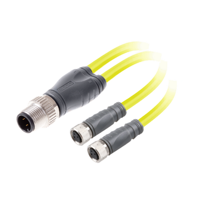 ECS-2CO8.3-2.23/2.23/P Y-SPLITTER STRAIGHT M12 MALE 4 PINS X (2) STRAIGHT M8 FEMALE 3 PINS, 2 METER YELLOW PUR, 24 AWG