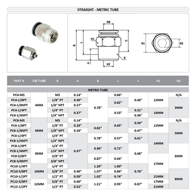 PC8-3/8PT FLOFLEX FLOFLEX COMPOSITE PUSH-IN PNEUMATIC FITTING, 8MM TUBE X 3/8" BSPT MALE REDUCER