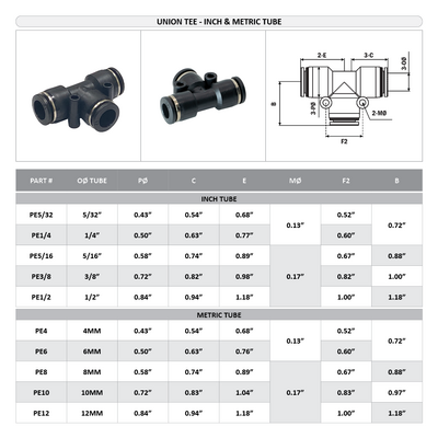 PE5/16 FLOFLEX FLOFLEX COMPOSITE PUSH-IN PNEUMATIC FITTING, 5/16"" TUBE UNION TEE