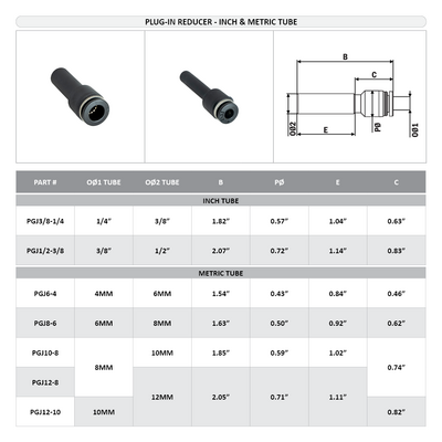 PGJ8-6 FLOFLEX FLOFLEX COMPOSITE PUSH-IN PNEUMATIC FITTING, 8MM TUBE STEM X 6 MM TUBE PLUG-IN REDUCER