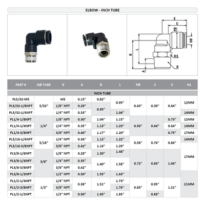 PL1/2-1/4NPT FLOFLEX FLOFLEX COMPOSITE PUSH-IN PNEUMATIC FITTING, 1/2" TUBE X 1/4" NPT MALE 90 DEGREE REDUCING ELBOW