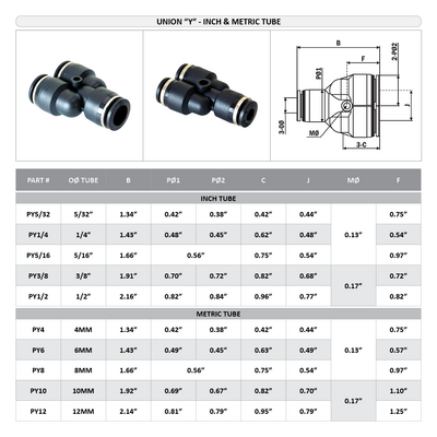 PY5/16 FLOFLEX FLOFLEX COMPOSITE PUSH-IN PNEUMATIC FITTING, 5/16" TUBE UNION "Y"