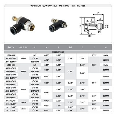 JSC4-M5 FLOFLEX FLOFLEX NPT X PUSH-IN FLOW CONTROL, 4MM TUBE X M5 MALE REDUCER METER OUT - KNOB ADJUSTMENT