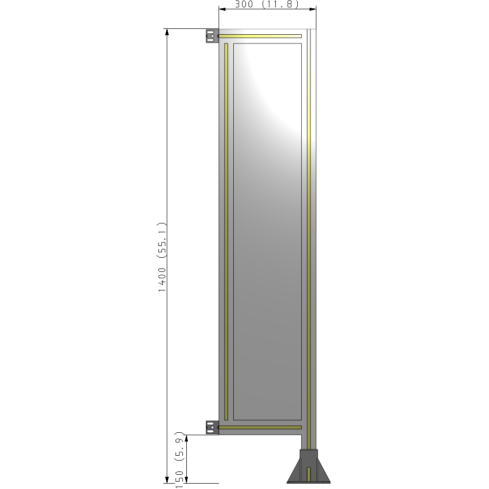 A2-1400-0300-0150-HYPFA SINGLE PANEL-LEG ON RIGHT WITH HINGES 1400MM X 300MM  1/4" POLYCARBONATE, FULLY ASSEMBLED