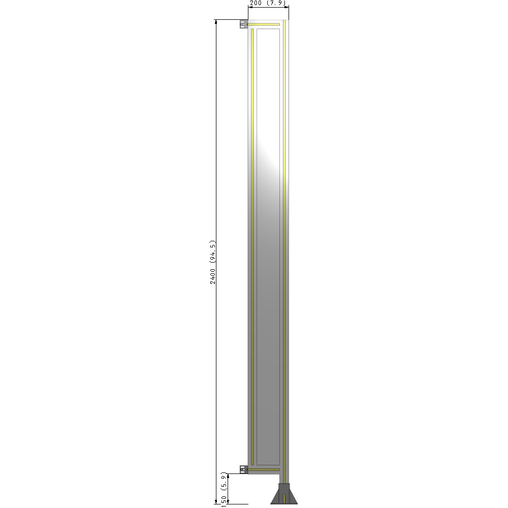 A2-2400-0200-0150-HYPFA SINGLE PANEL-LEG ON RIGHT WITH HINGES 2400MM X 200MM  1/4" POLYCARBONATE, FULLY ASSEMBLED