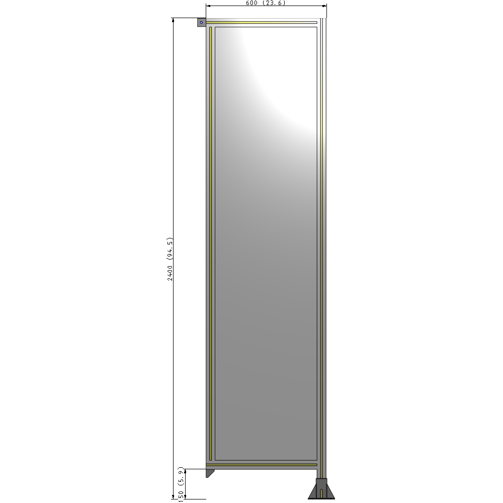 A2-2400-0600-0150-TYPFA SINGLE PANEL-LEG ON RIGHT WITH TIE PLATES AND ANGLE 2400MM X 600MM  1/4" POLYCARBONATE, ASSEMBLED