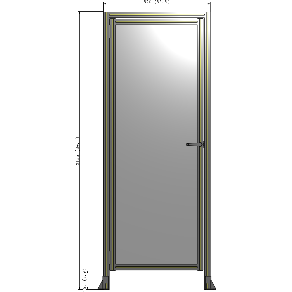 G1-2135-0820-0150-EYPTA DOOR WITH HEADER, HANDLE WITH INTERNAL EGRESS ON RIGHT 2135MM X 820MM 1/4" POLYCARBONATE, ASSEMBLED