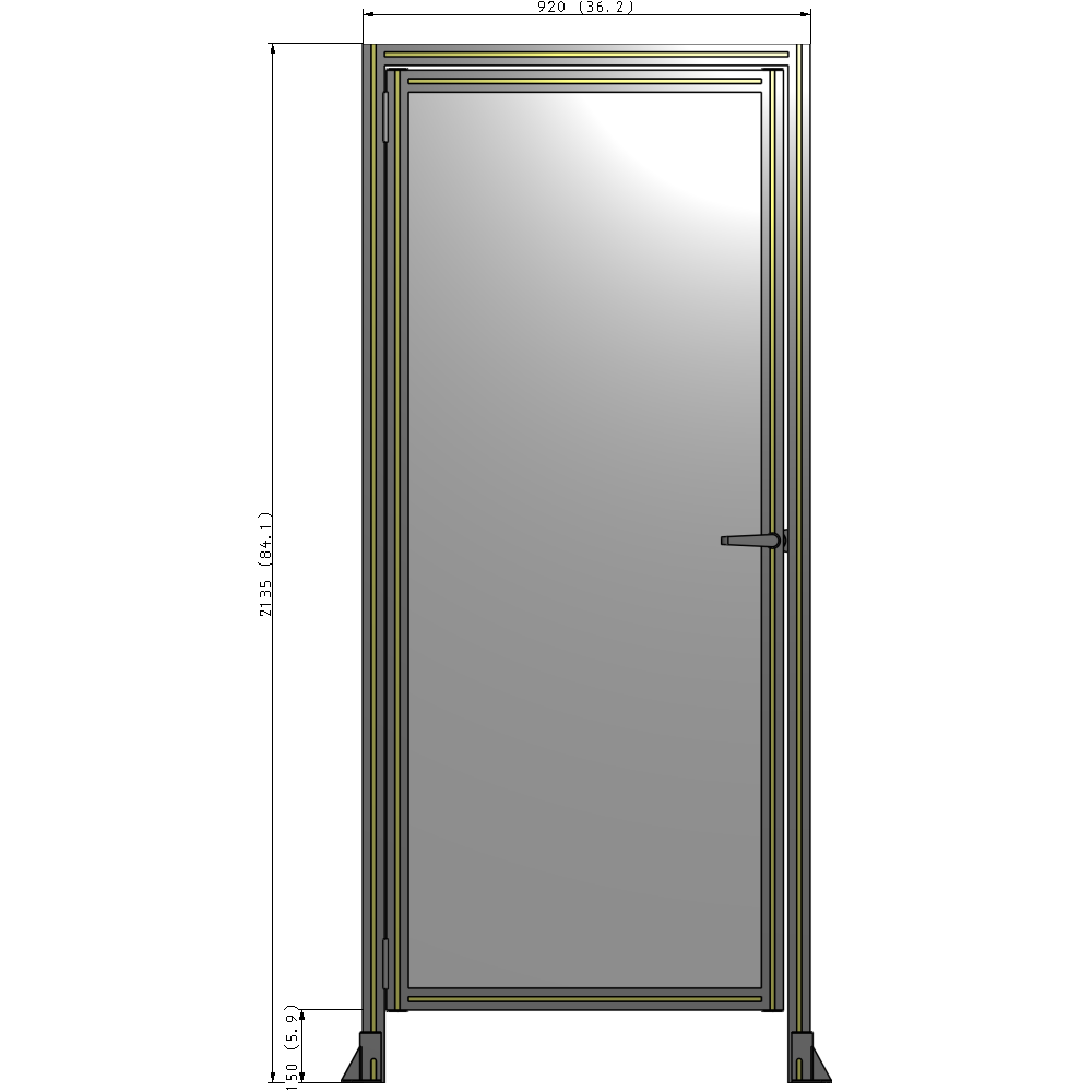 G1-2135-0920-0150-EYPTA DOOR WITH HEADER, HANDLE WITH INTERNAL EGRESS ON RIGHT 2135MM X 920MM 1/4" POLYCARBONATE, ASSEMBLED