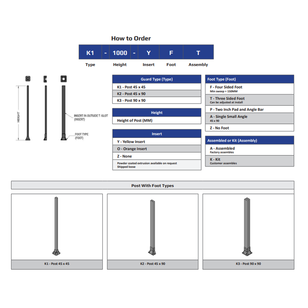 K1-2135-ZFA VERTICAL POST-4 SIDED FOOT, YELLOW INSERT, NO END CAP 45 MM X 45 MM X 2135 MM TALL, FULLY ASSEMBLED