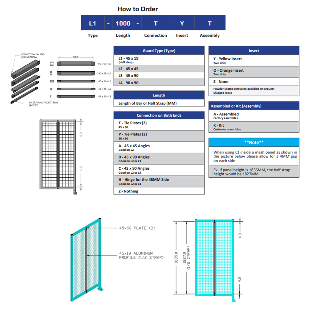 L1-1128-YTA 1128MM LONG HALF STRAP, MOUNTS HORIZONTAL ON 2400MM WIDE DOUBLE WALL SECTIONS