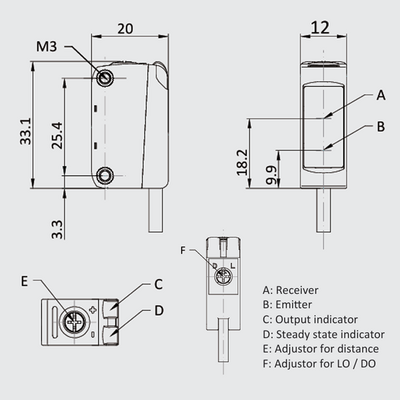 OS10S-AK150CP6-0.3-Q8 ELCO PHOTOELECT SENSOR, OS10S-SERIES, DIFF W/ BGS, RED BEAM, OR:6-150MM, PNP, LO/DO, -20TO60 DEG C, SW FRQ:400HZ, 0.3 M+M8 4-PIN