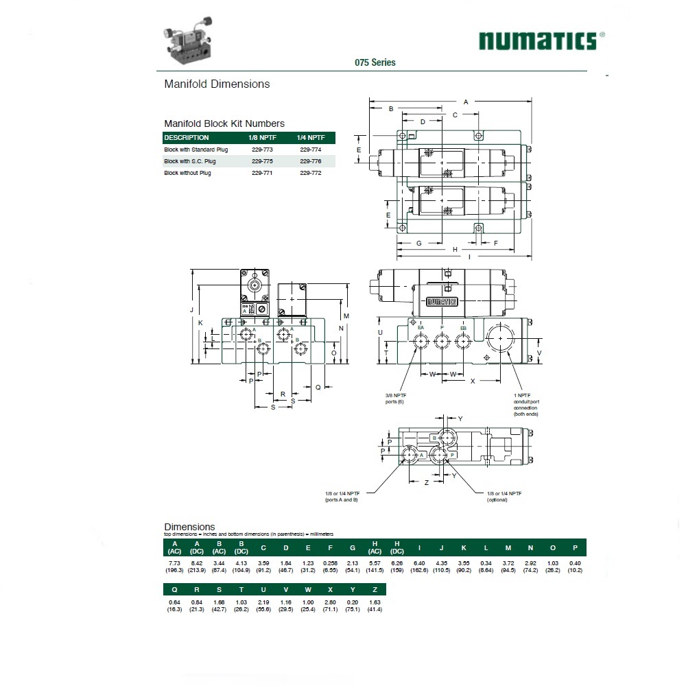 229-774 NUMATICS/AVENTICS MANIFOLD BLOCK 075 SERIES 1/4" NPT S/B PORTS PLUG IN (15/25)