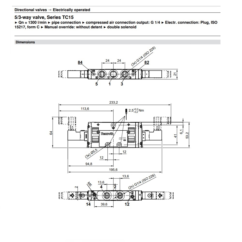 0820059101 NUMATICS/AVENTICS SOL-PILOT VALVE TC15 SERIES 5/3 CLOSED CTR 24VDC 1/4" G, FL NON LK O'RIDE
