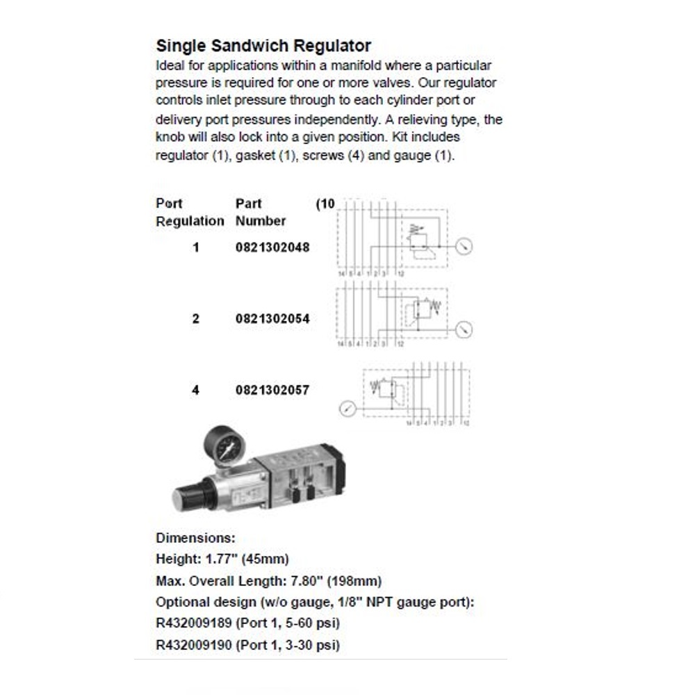 0821302048 NUMATICS/AVENTICS SANDWICH REGULATOR ISO1 5599/1 SERIES SGL PR 10-120PSI