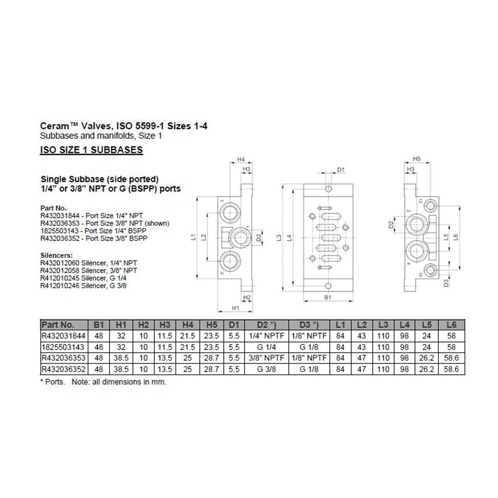 R432031844 NUMATICS/AVENTICS VALVE BASE ISO1 5599/1 SERIES SERIES 1/4" NPT SIDE PORTS
