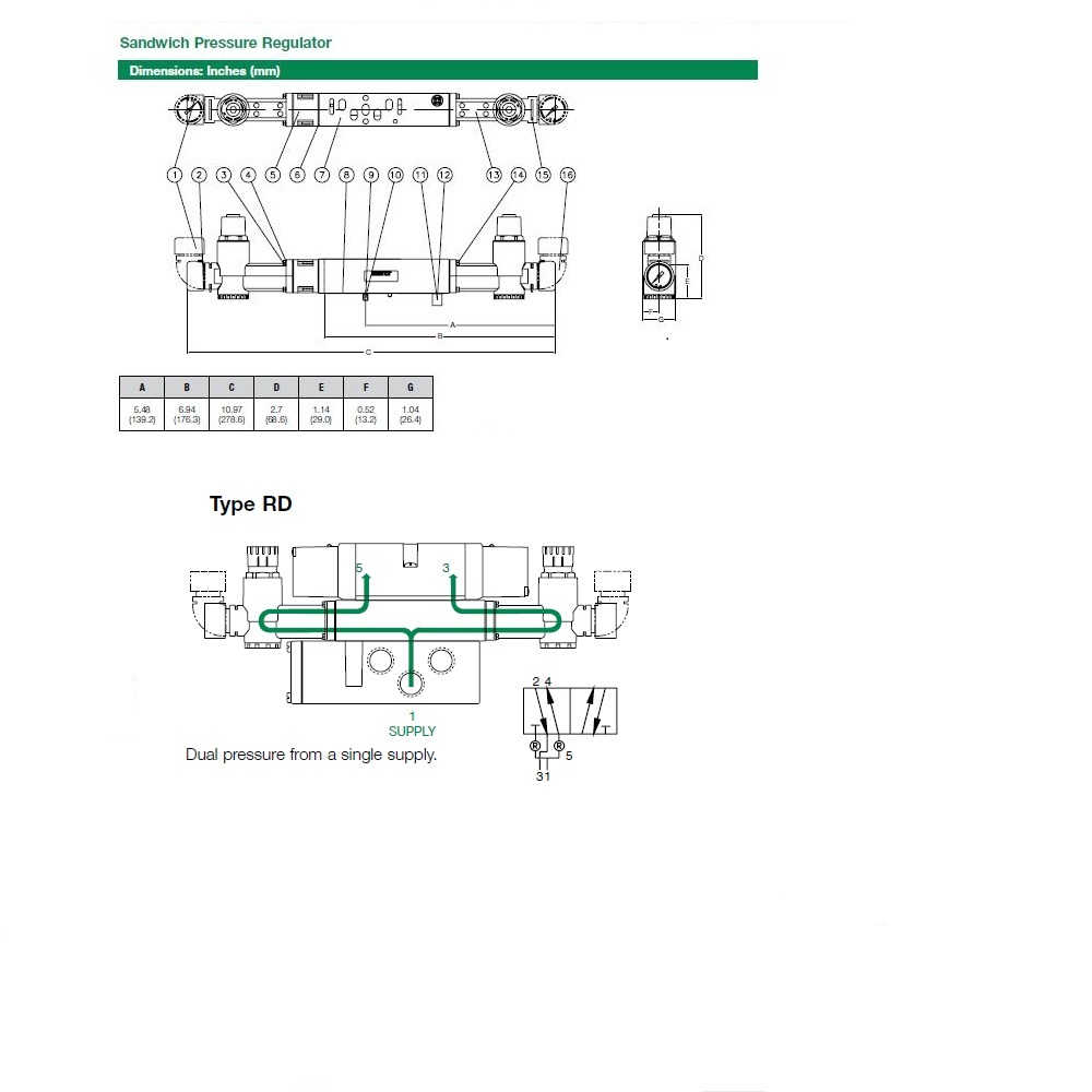 122RD400J016W00 NUMATICS/AVENTICS SANDWICH REGULATOR 2012 SERIES DUAL PR 5-60PSI, TFG