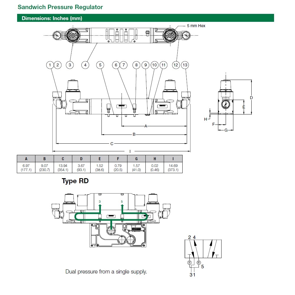 353RD100J016N00 NUMATICS/AVENTICS SANDWICH REGULATOR 2035 SERIES DUAL PR 10-130PSI, (A)JMP PL