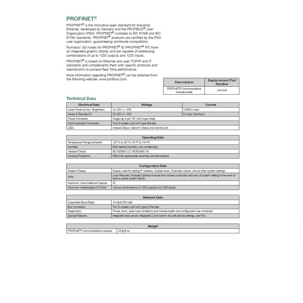 240-240 NUMATICS/AVENTICS MANIFOLD PART G3 PROFINET NODE