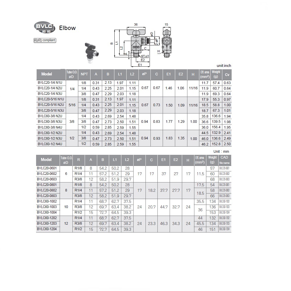 BVLC60-1002 PISCO NP BRASS BALL VALVE 10MM TUBE X 1/4" BSPT MALE ELBOW, T HANDLE