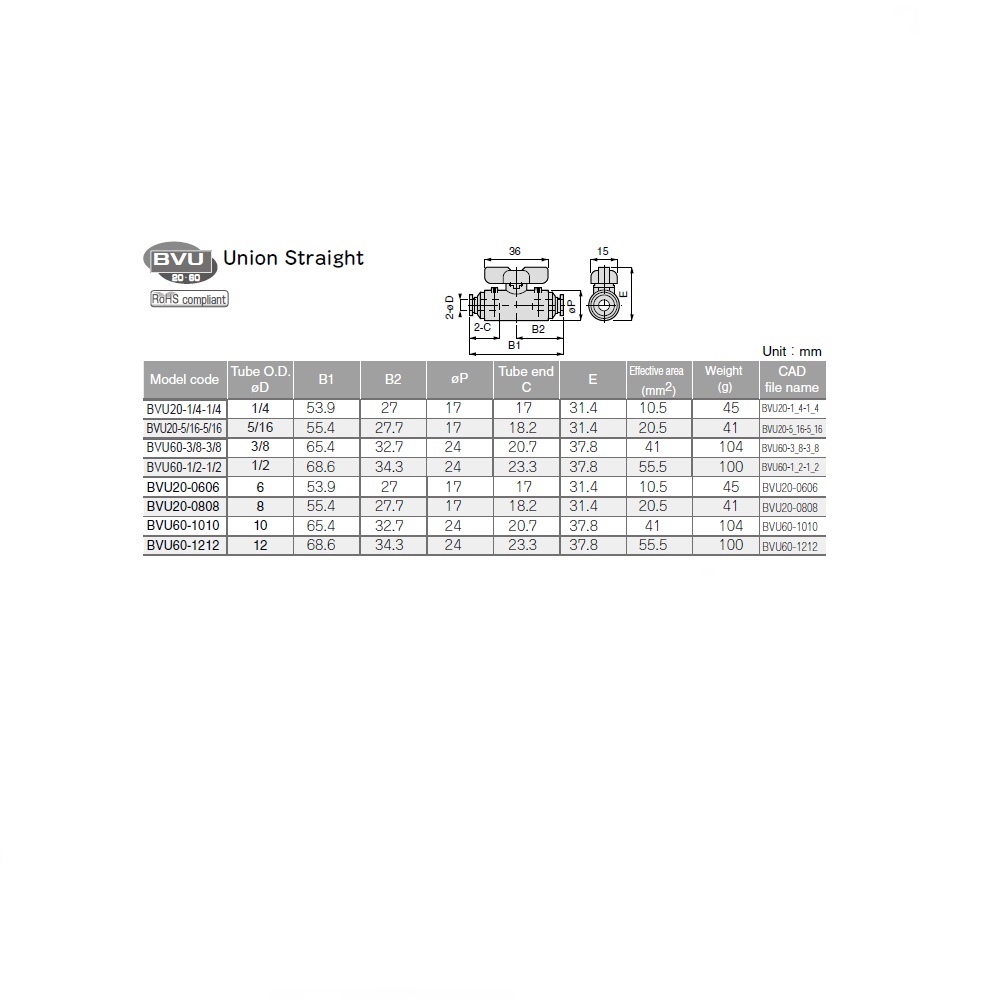 BVU60-1/2-1/2 PISCO NP BRASS BALL VALVE 1/2" TUBE UNION, T HANDLE