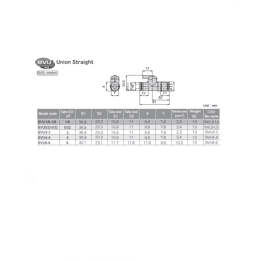 BVU6-6 PISCO NP BRASS BALL VALVE 6MM TUBE UNION ,T HANDLE