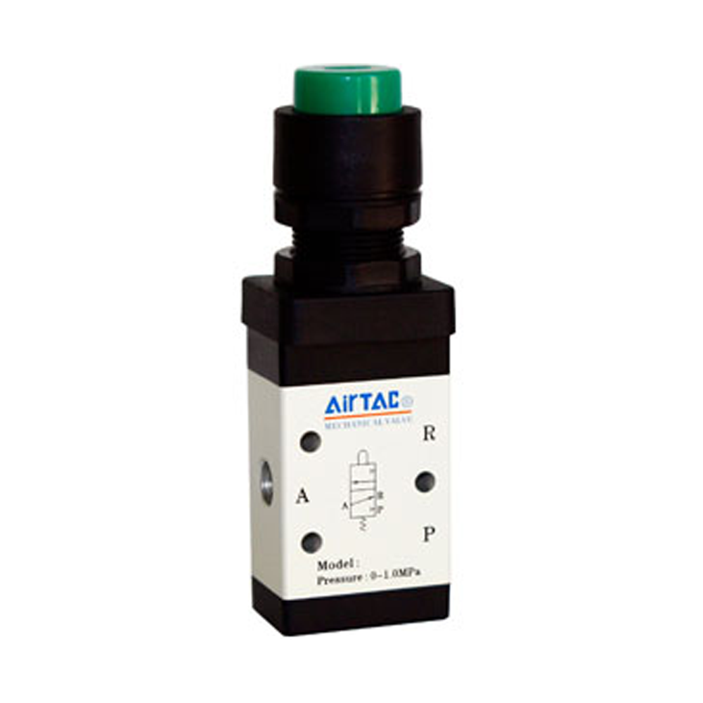 M3PP21008RT AIRTAC MANUAL VALVES, M3 SERIES PROTRUDING TYPE 3 WAY 2 POSITION N.C, 1/4" NPT PORTS RED BUTTON