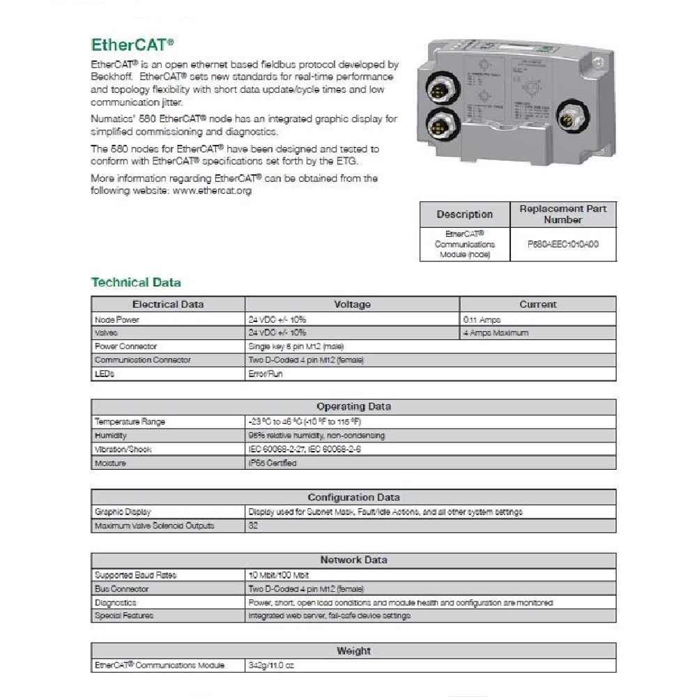 P580AEEC1010A00 NUMATICS/AVENTICS MANIFOLD PART 580 SERIES ETHERCAT NODE