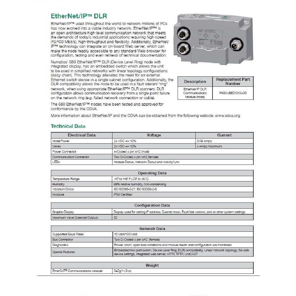 P580AEED1010A00 NUMATICS/AVENTICS MANIFOLD PART 580 SERIES ETHERNT/IP DLR NODE