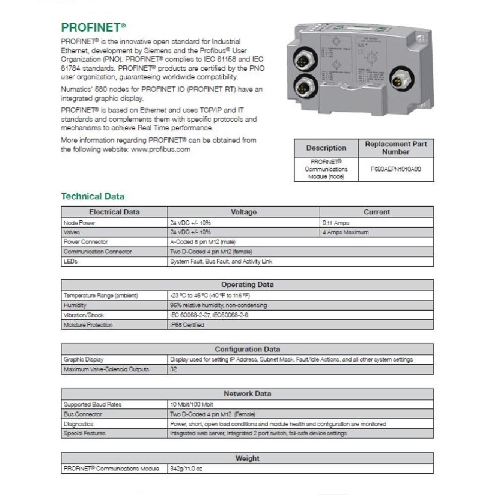 P580AEPN1010DRM NUMATICS/AVENTICS MANIFOLD PART 580 SERIES PROFINET NONE W/DIN RAIL